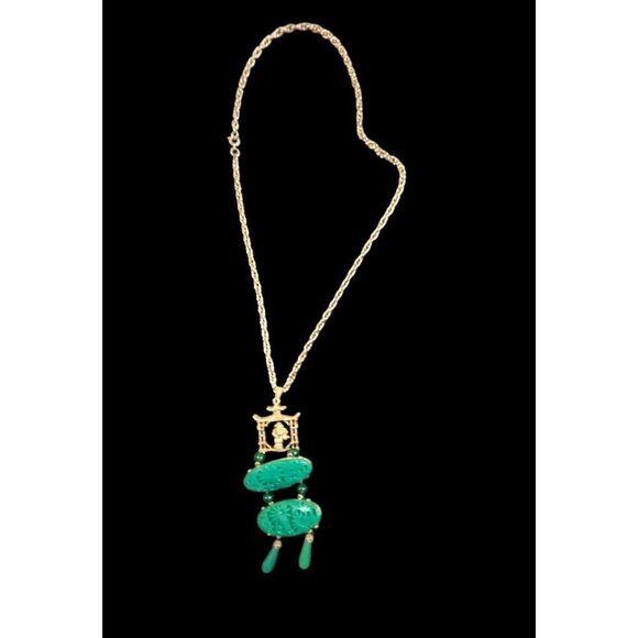 Vintage Asian Chinese Faux Jade Gold Tone Statement Runway 5-1/2" Drop Necklace - Picture 1 of 8